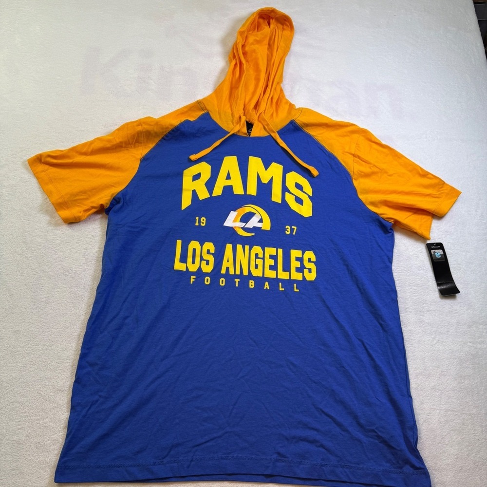 LA Rams Hooded T Shirt XL Blue Yellow NFL Logo Athletic Short Sleeve Hoodie NWT